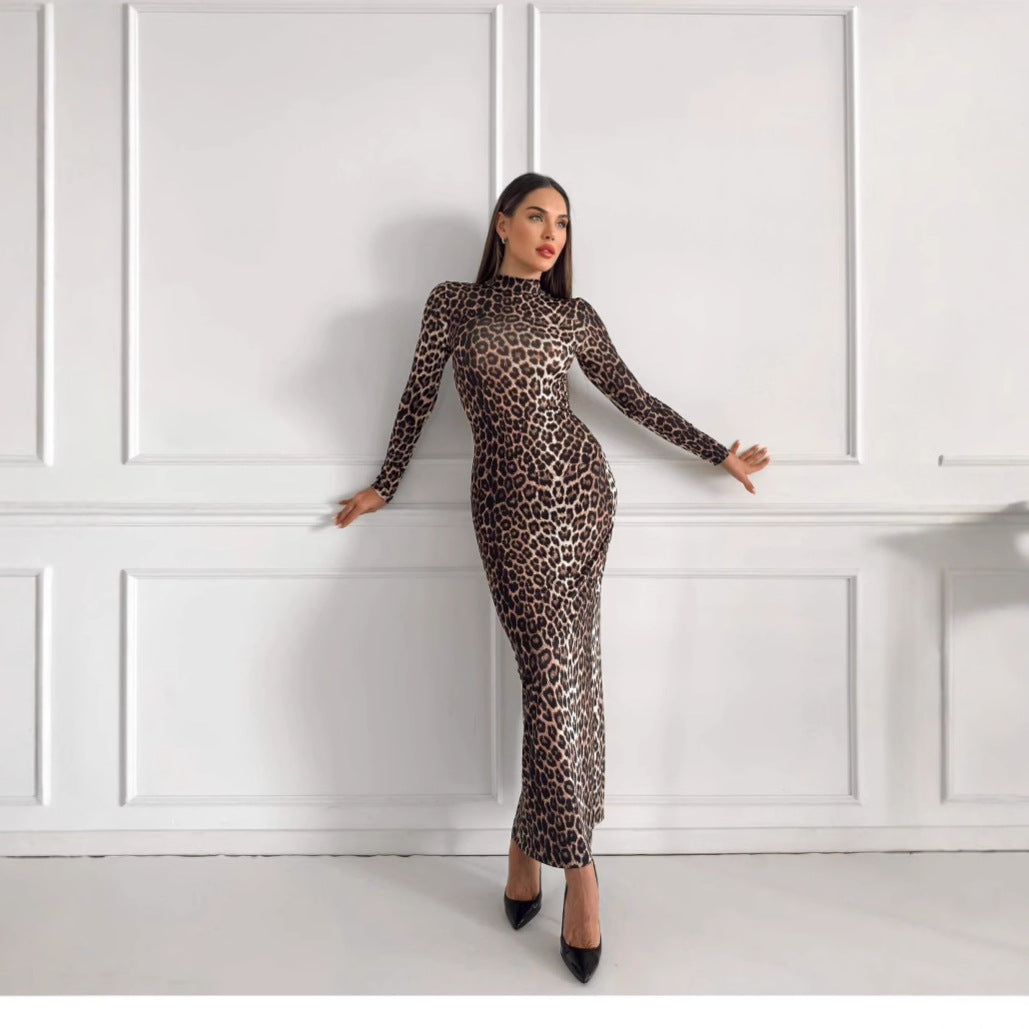 Autumn Leopard Print Stand Collar Long Sleeve Maxi Dress Women