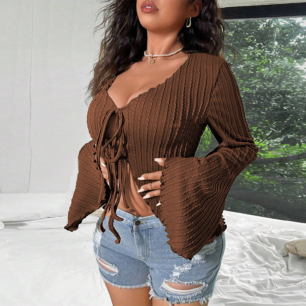 Plus Size Women Sexy Sweet Spicy V neck T shirt Autumn Winter Bell Sleeve Slim Fit Tied Cardigan Top