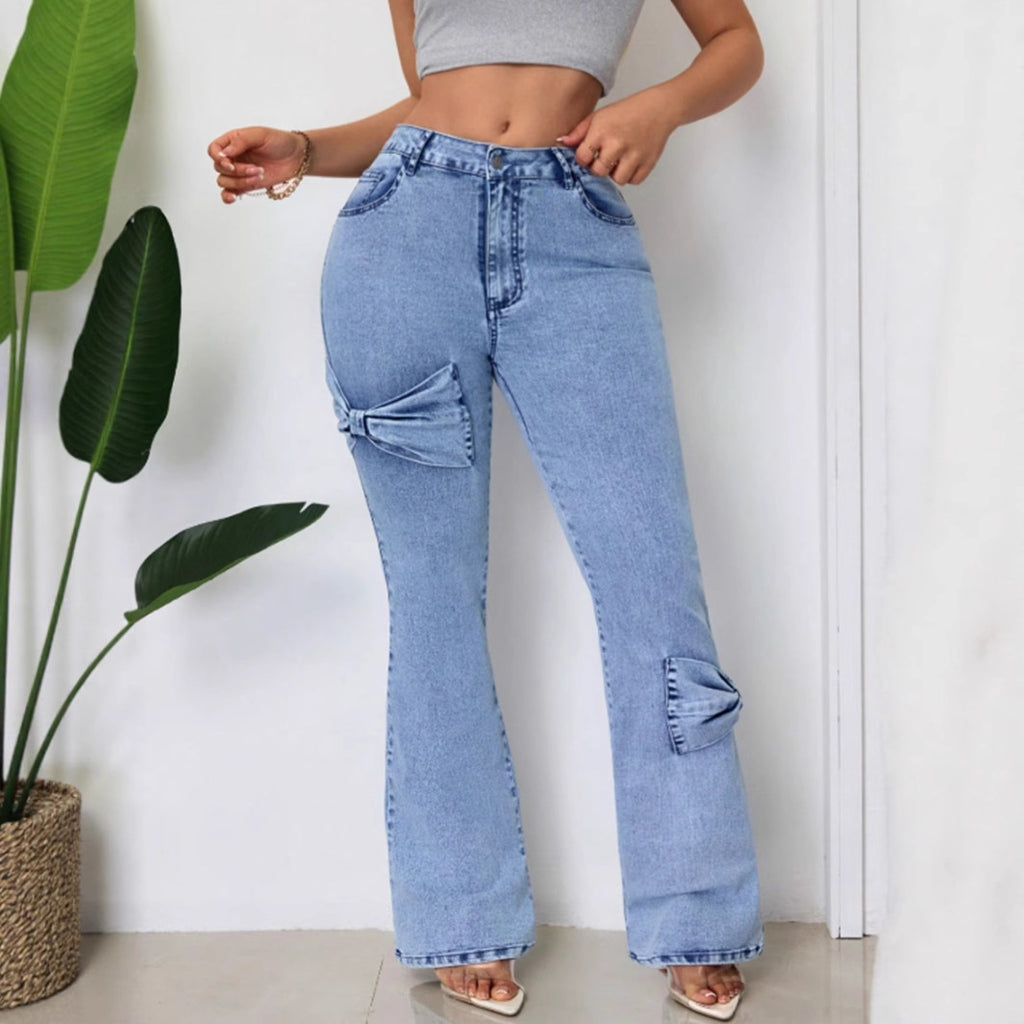 Women Clothing Washed High Waist Bootcut Trousers Denim Trousers