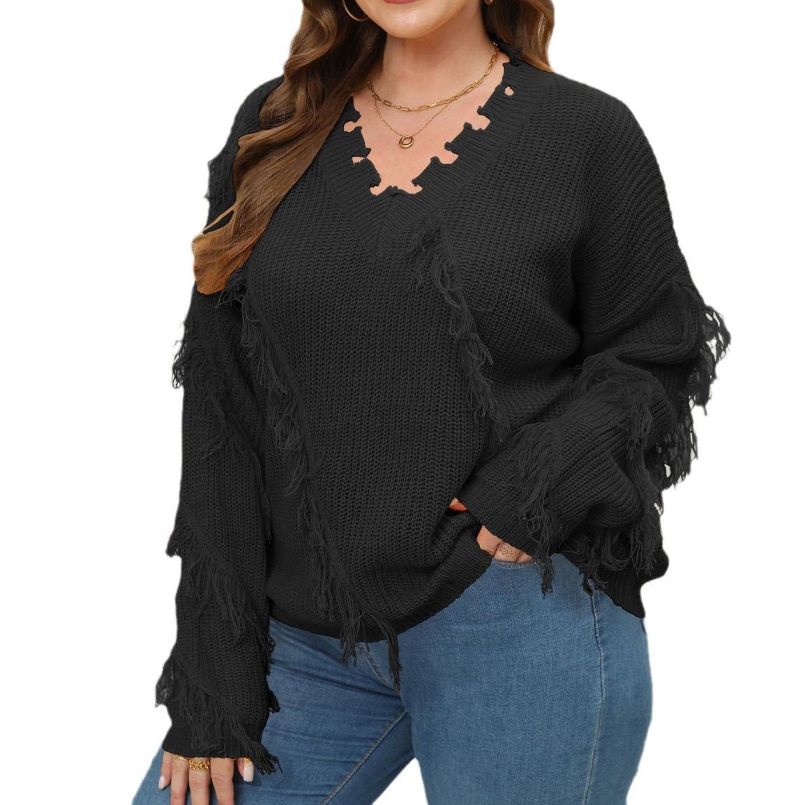 plus Size Women Woven Shirt Women Clothes Autumn Winter V-neck Beard Tassel Splicing Pullover Sweater