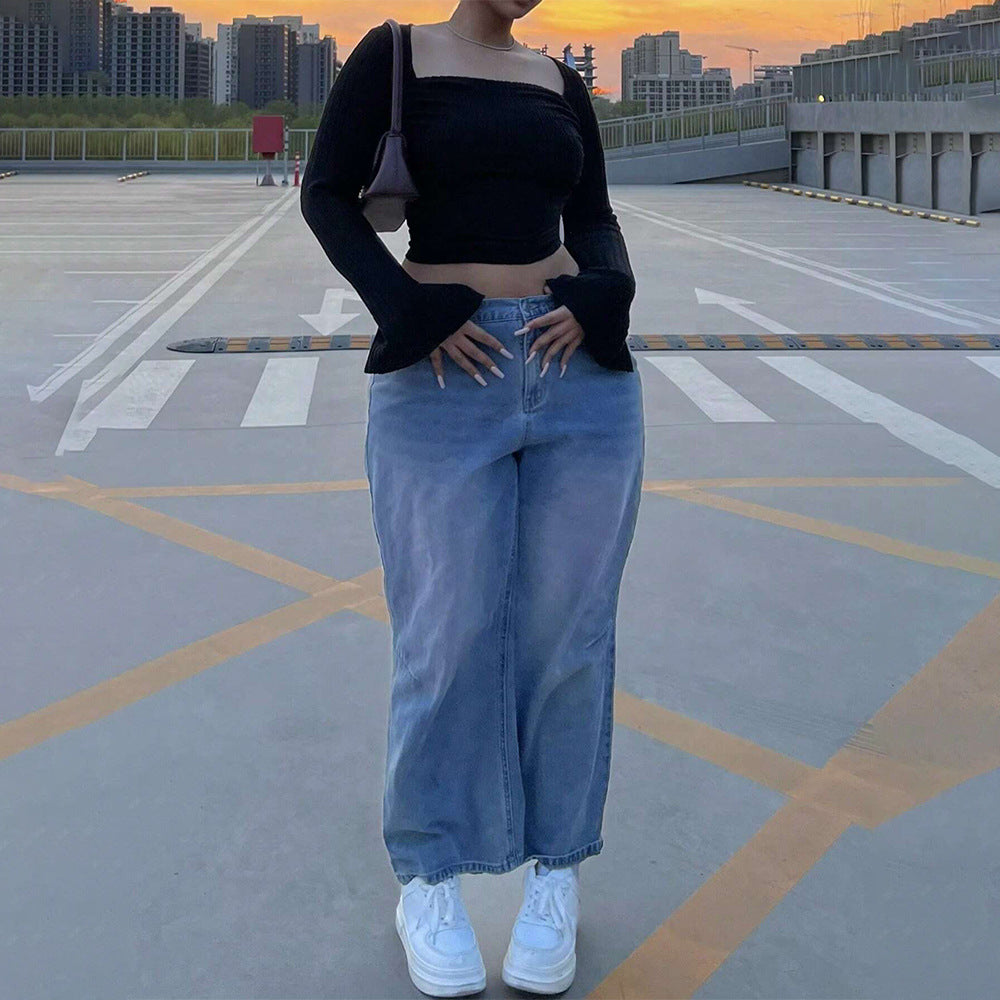 Plus Size Women Sweet Spicy Square Neck T Shirt Fall Winter Trend Cropped Long Sleeves Top