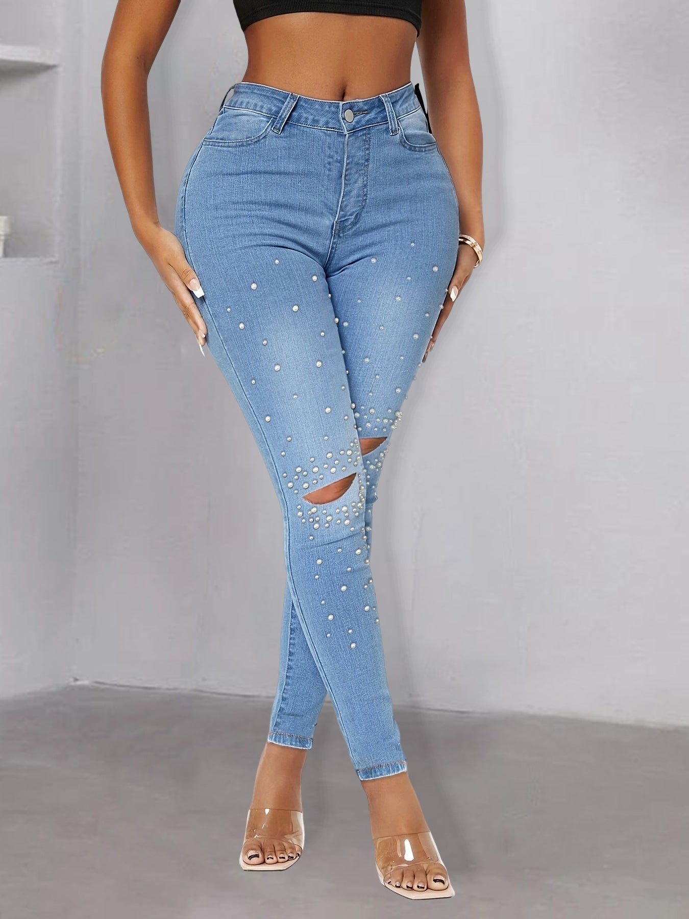 Street Hipster Pearl Rivets Craft Women Denim Skinny Pants