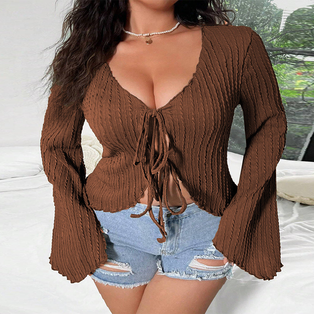 Plus Size Women Sexy Sweet Spicy V neck T shirt Autumn Winter Bell Sleeve Slim Fit Tied Cardigan Top
