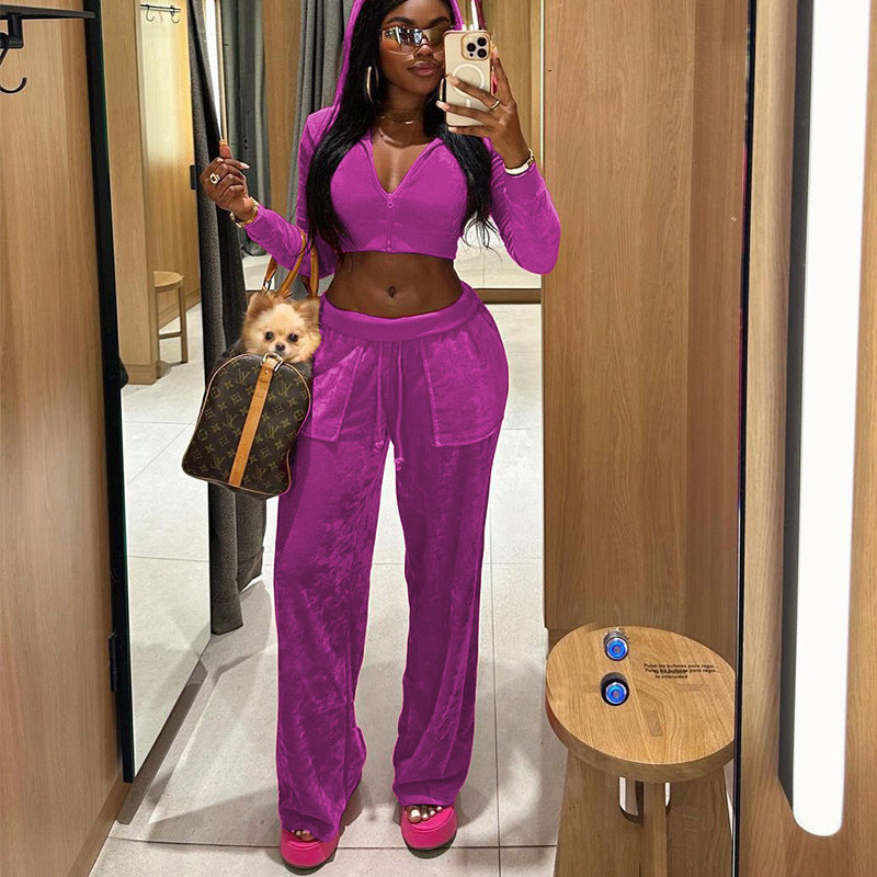 Autumn Winter Ladies Hooded Sweatshirt Korean Velvet Sports Casual Pants Suit
