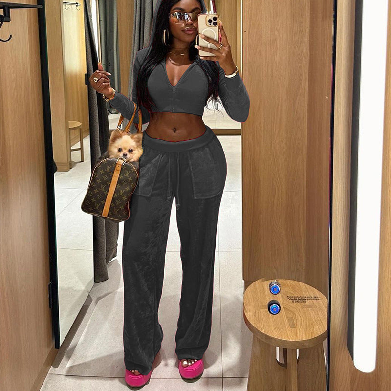 Autumn Winter Ladies Hooded Sweatshirt Korean Velvet Sports Casual Pants Suit