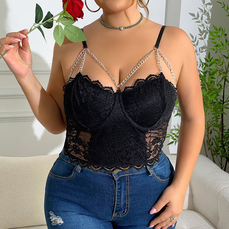 Plus Size Girl Lace Hollow Out Cutout Sexy Steel Ring Chain Short Sexy Sling Vest Plump Girls