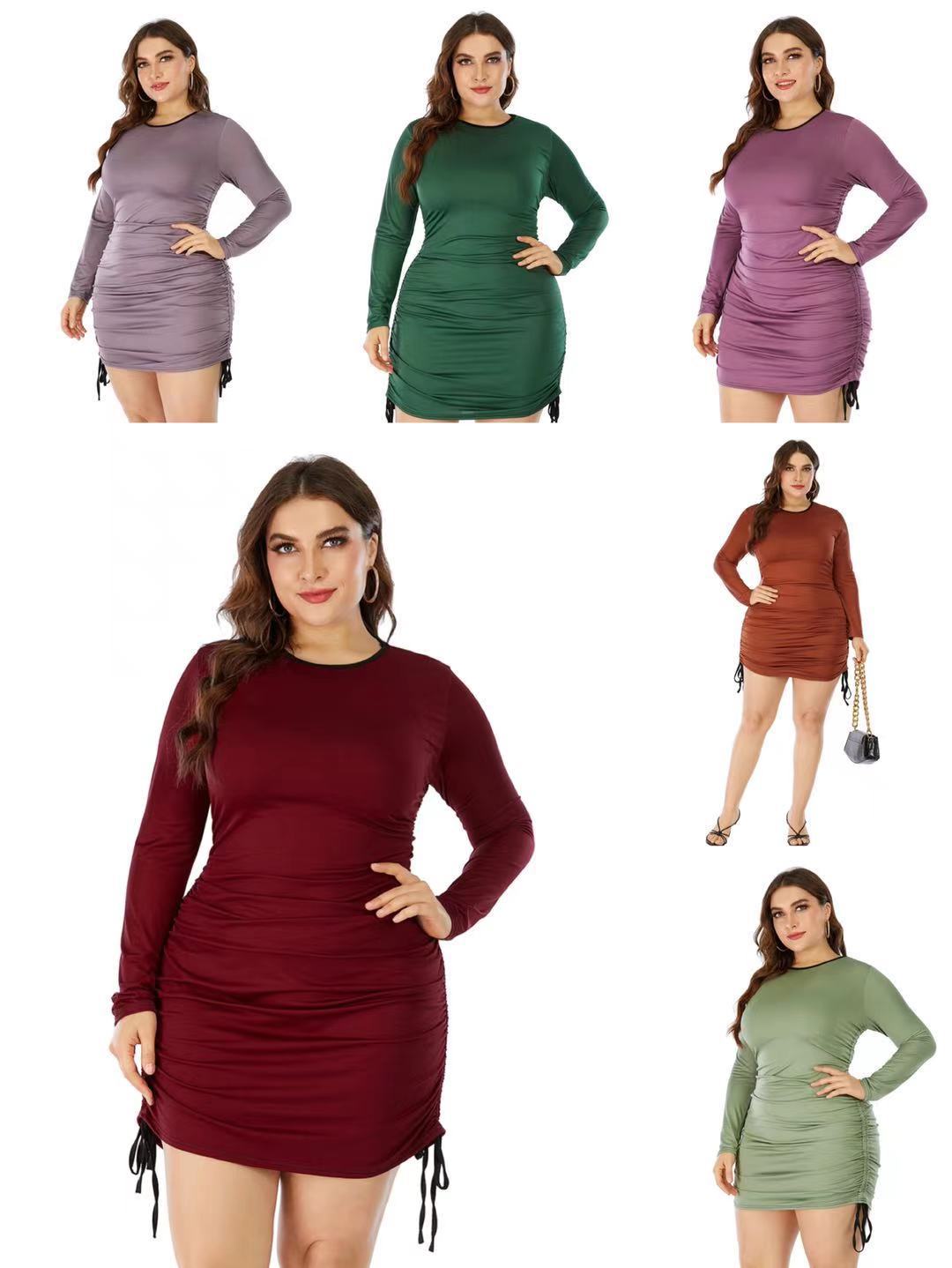 Plus Size Spring Summer Women Clothes round Neck Long Sleeve Color Matching Drawstring Bag Hip Dress