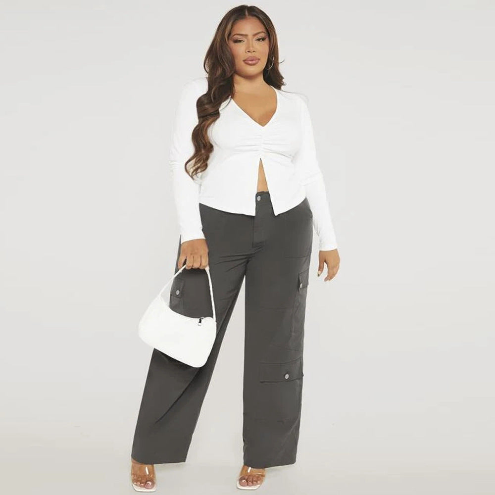 Plus Size Women Clothing Autumn Winter Slim Fit Slit Stretch Knitted Casual Long Sleeves T shirt Top