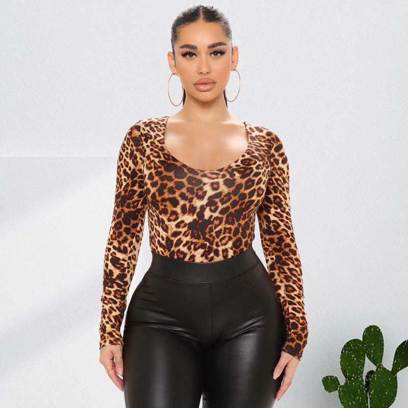 Plus Size Autumn Women Clothes Leopard Print Sexy Long Sleeve Jumpsuit