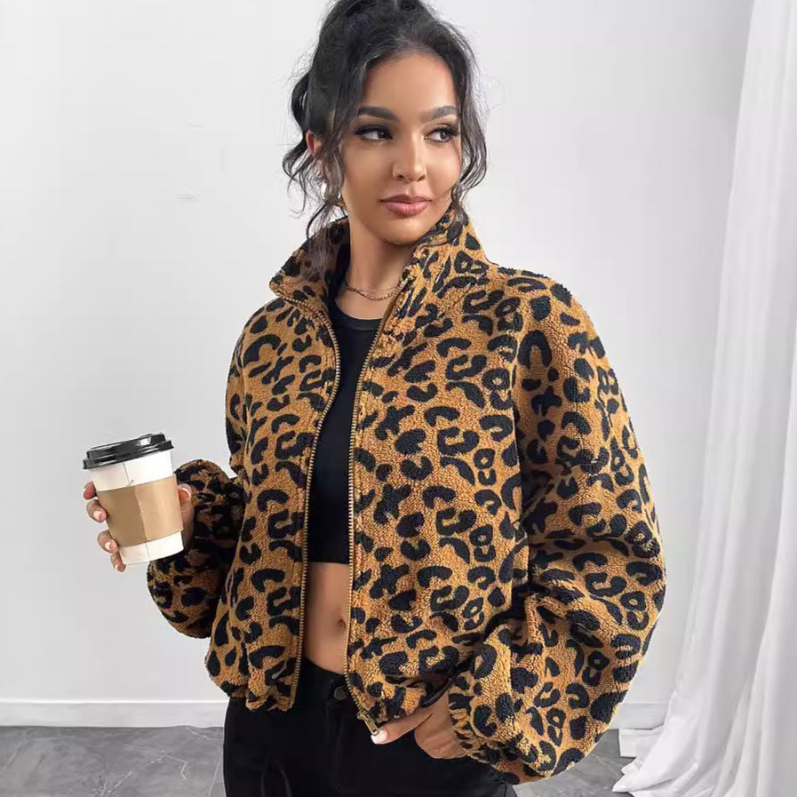 Autumn Winter Women Clothing Loose Cardigan Zipper Leopard Print Plush Coat