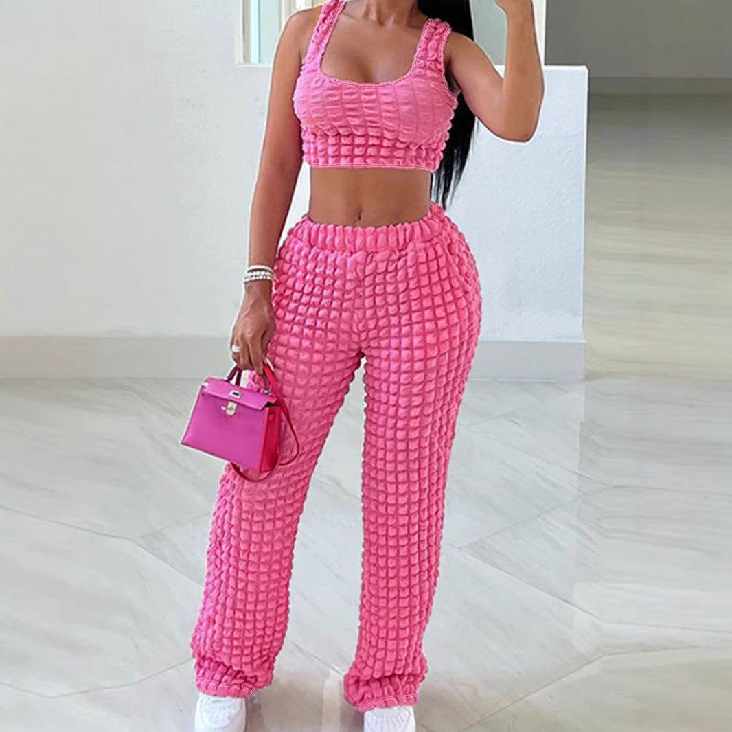 Plus Size Women Trendy Seersucker Suspender Trousers Two Piece Set