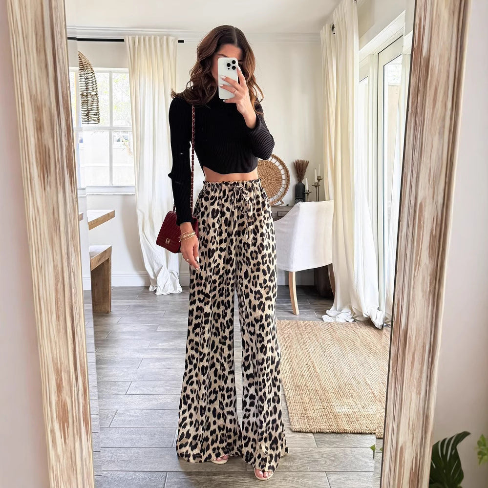 Leopard Print Wide Leg Casual Pants Spring Wide Leg Straight Trousers