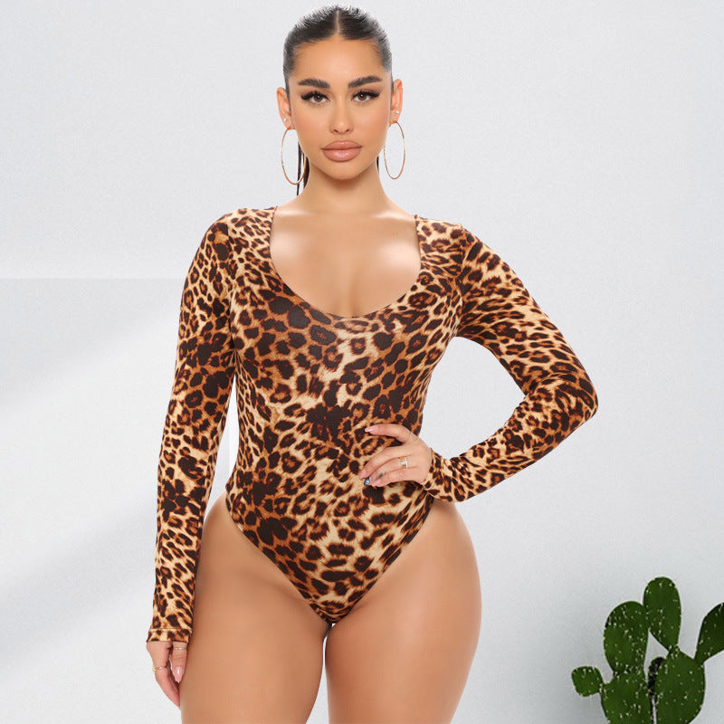 Plus Size Autumn Women Clothes Leopard Print Sexy Long Sleeve Jumpsuit