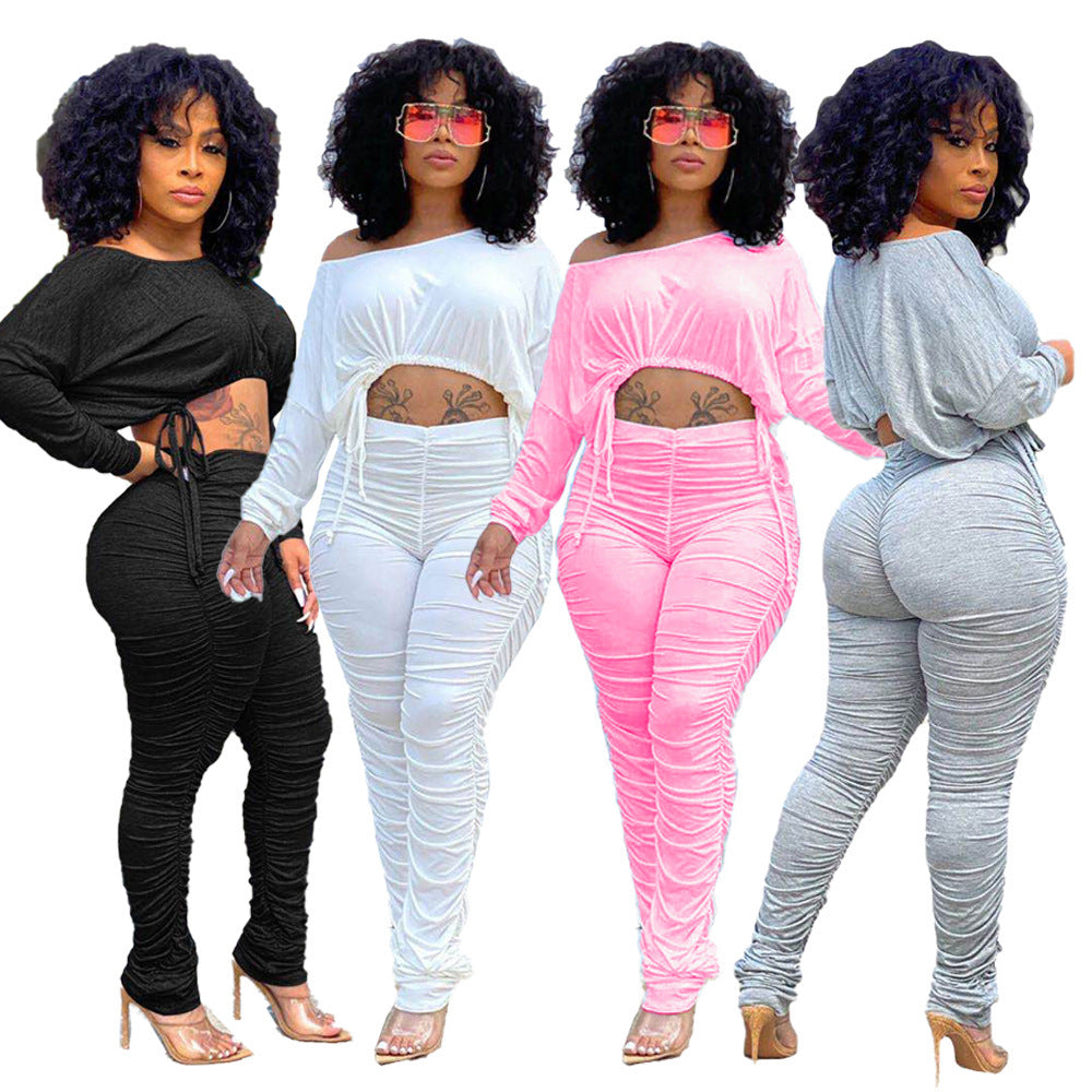 Plus Size Spring Summer Women Clothing Autumn Crew Neck Casual Home Cute two piece set
