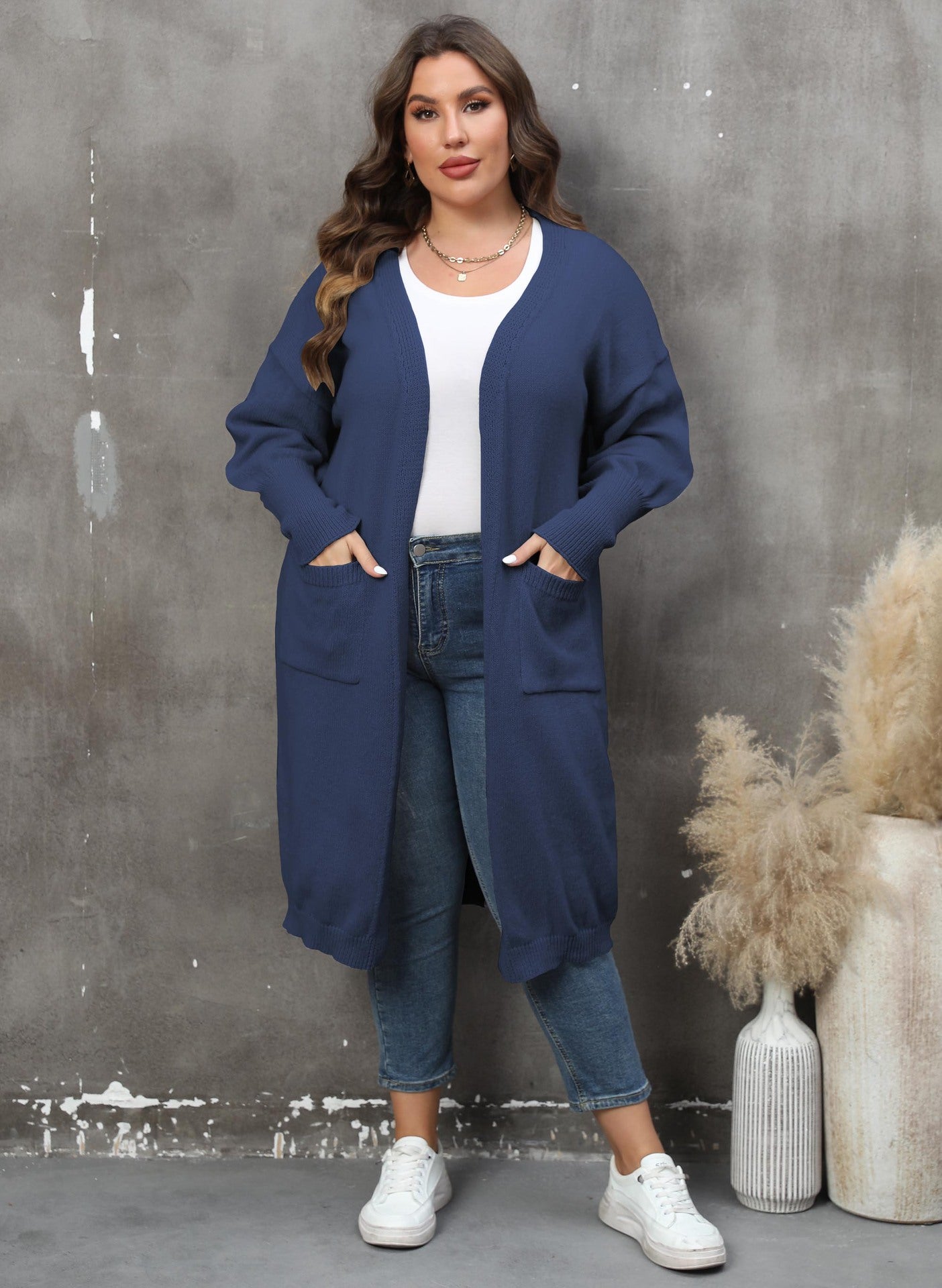 Women Coat plus Size Women Clothes Loose Mid Length Woven Sweater Double Pocket Lantern Sleeve Sweater Cardigan