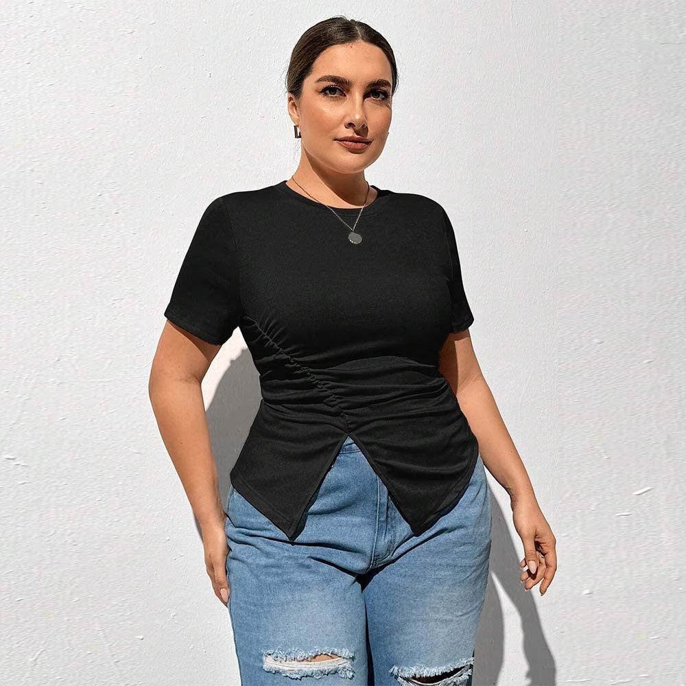 Plus Size Women Simple T shirt Summer round Neck Solid Color Short Sleeve Split Top