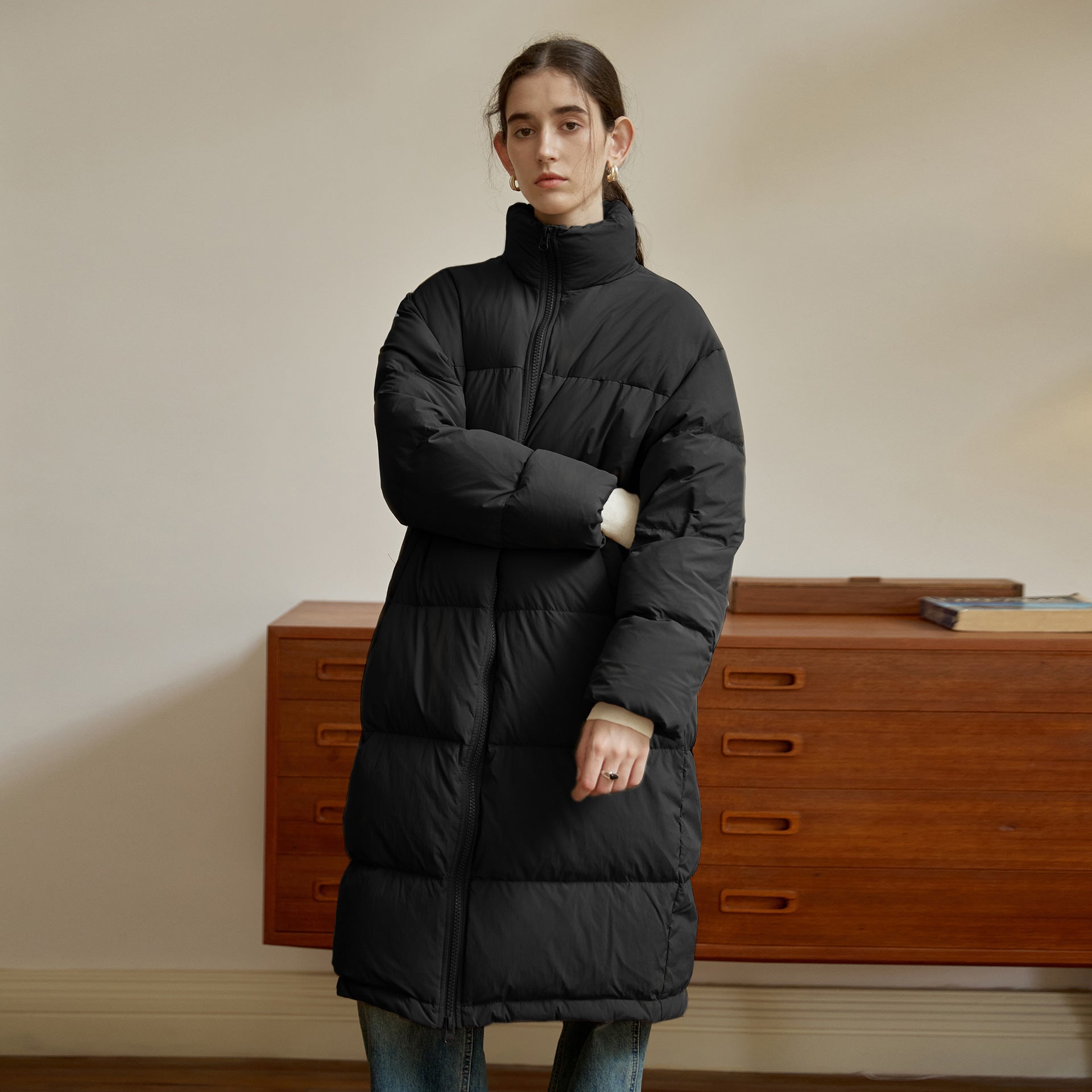 Zipper Snap on Half Turtleneck down Jacket Women Winter Warm Long Windproof Coat Three Dimensional Pocket Bread Coat