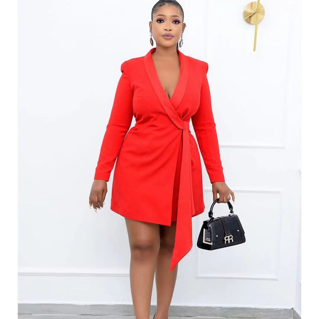 Plus Size Autumn Office Office Slim Fit Lace up Suit Dress Dress
