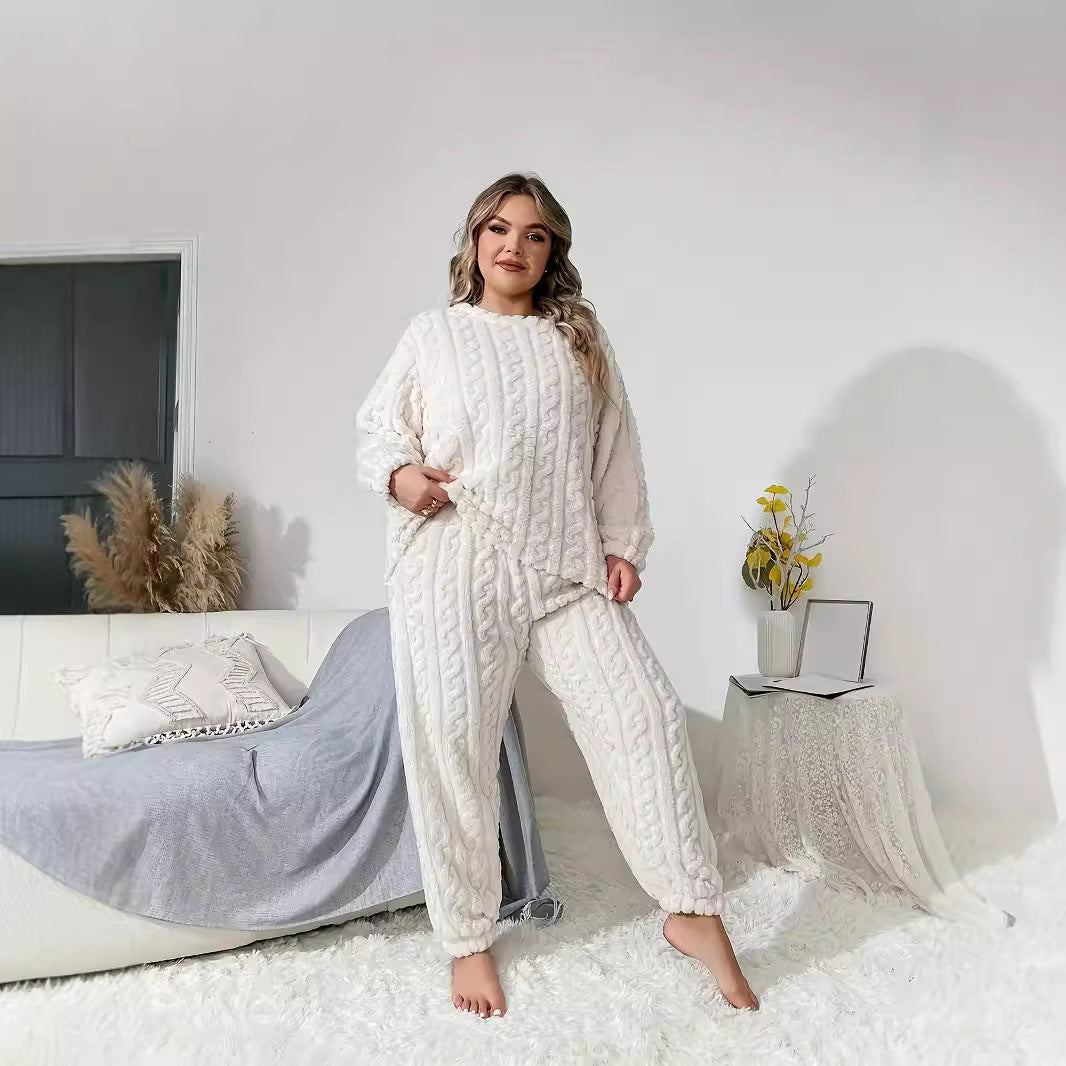 Women Wear Plush Crew Neck Casual Long Sleeve Two Piece Pants