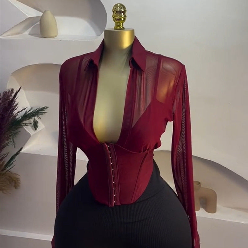 Women Clothing Summer Dignified Sense of Design Collared Waist Tight Short Long Sleeve Shirt Top