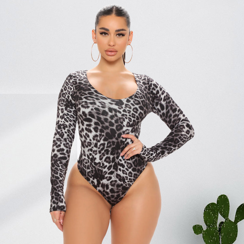 Plus Size Autumn Women Clothes Leopard Print Sexy Long Sleeve Jumpsuit