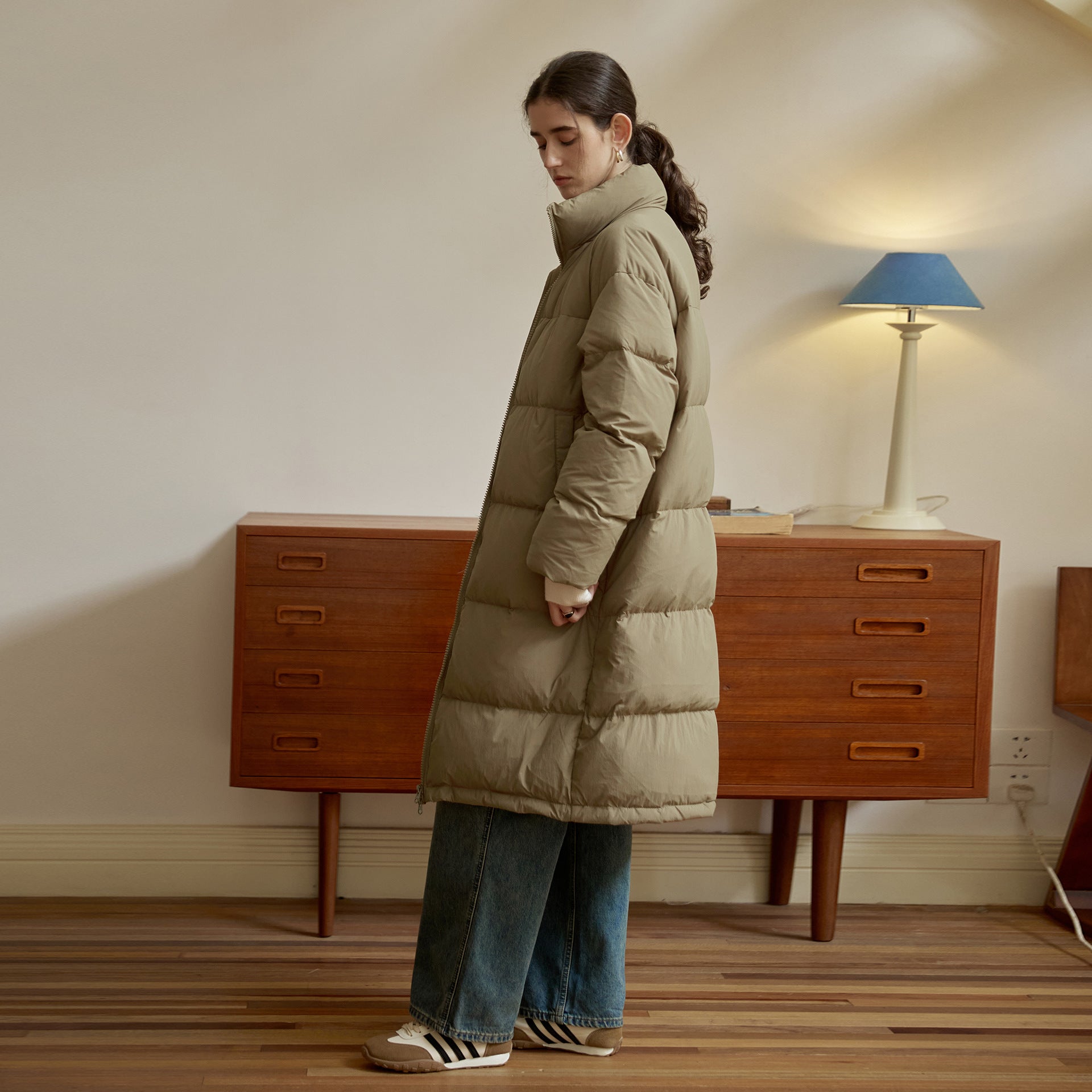 Zipper Snap on Half Turtleneck down Jacket Women Winter Warm Long Windproof Coat Three Dimensional Pocket Bread Coat