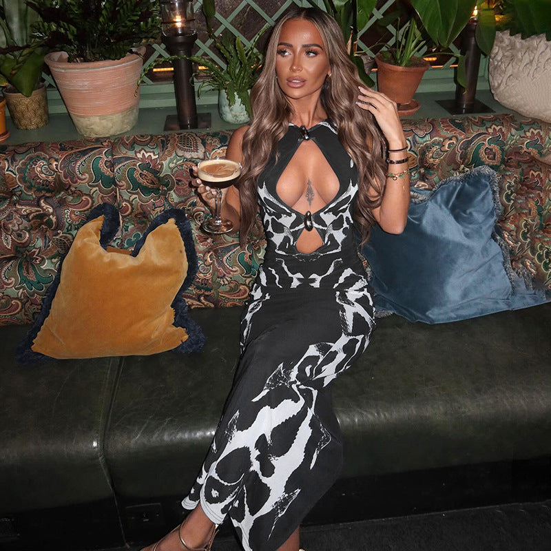 Women Clothing Symmetrical Snake Pattern Hollow Out Cutout out Sleeveless Slim Fit Hip Maxi Dress Women