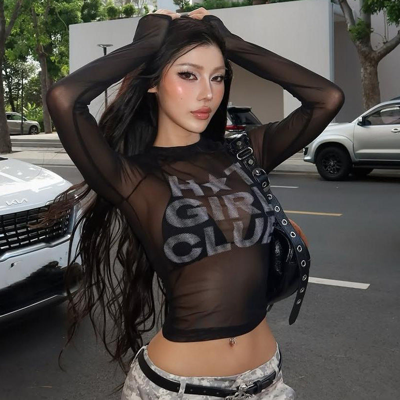 Spring Women Clothing Sexy Sexy round Neck Printed Mesh See through Slim Fit Cropped T shirt