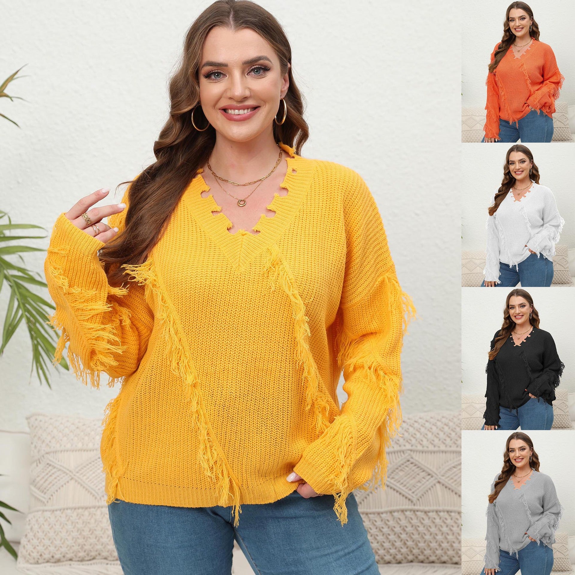 plus Size Women Woven Shirt Women Clothes Autumn Winter V-neck Beard Tassel Splicing Pullover Sweater