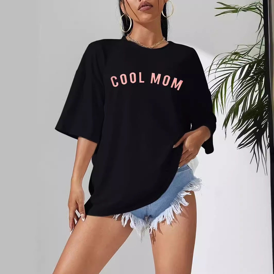 Casual Black T shirt Simple round Neck Short Sleeve Women Top Loose Letter Graphic Printing