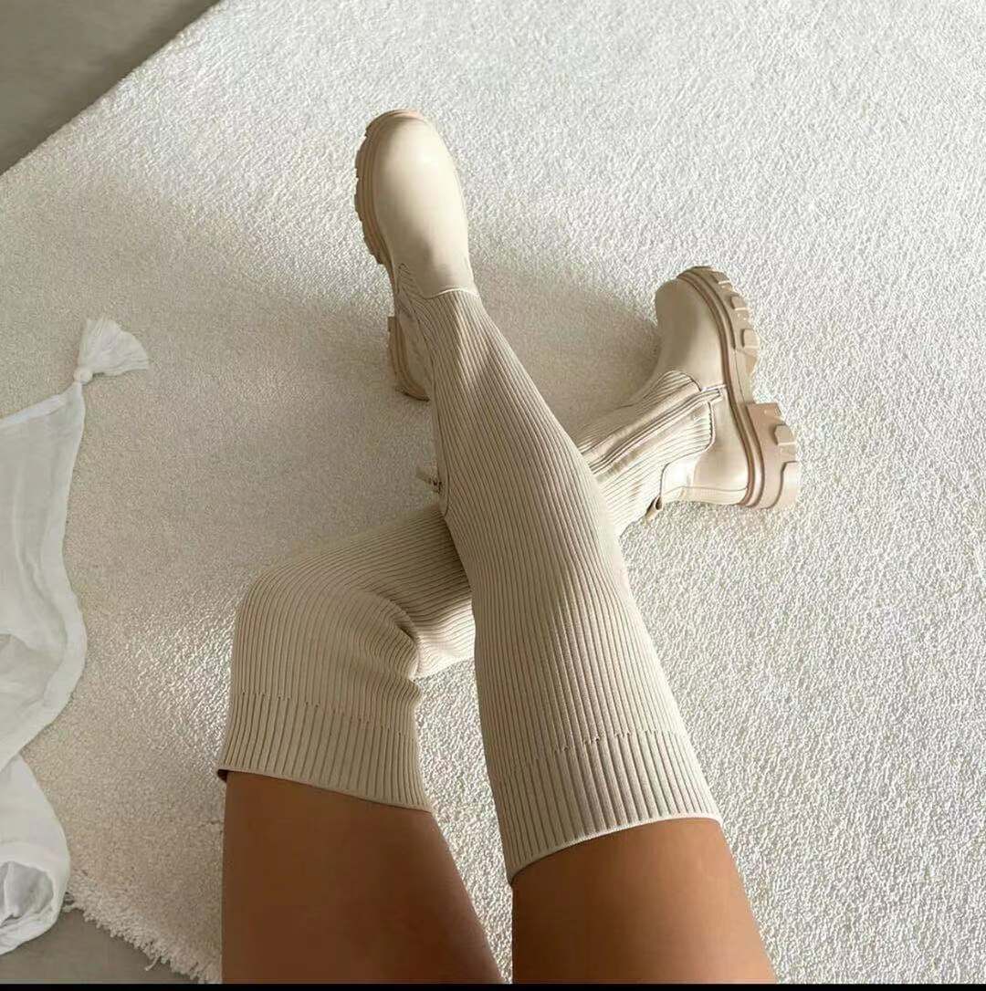 Autumn Winter Shoes Thick Soled round Toe Leather Knitted Stitching over the Knee Boots Women Plus Size Stretch Flyknit Wool Leather Boots