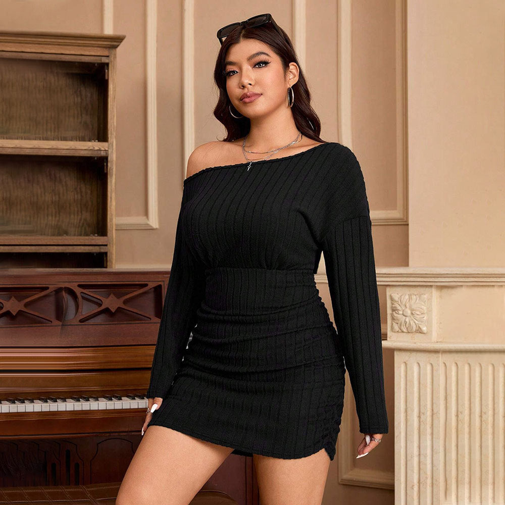 Autumn Winter plus Size Women Clothing Sexy Diagonal Collar Dress off the Shoulder Sheath Dress