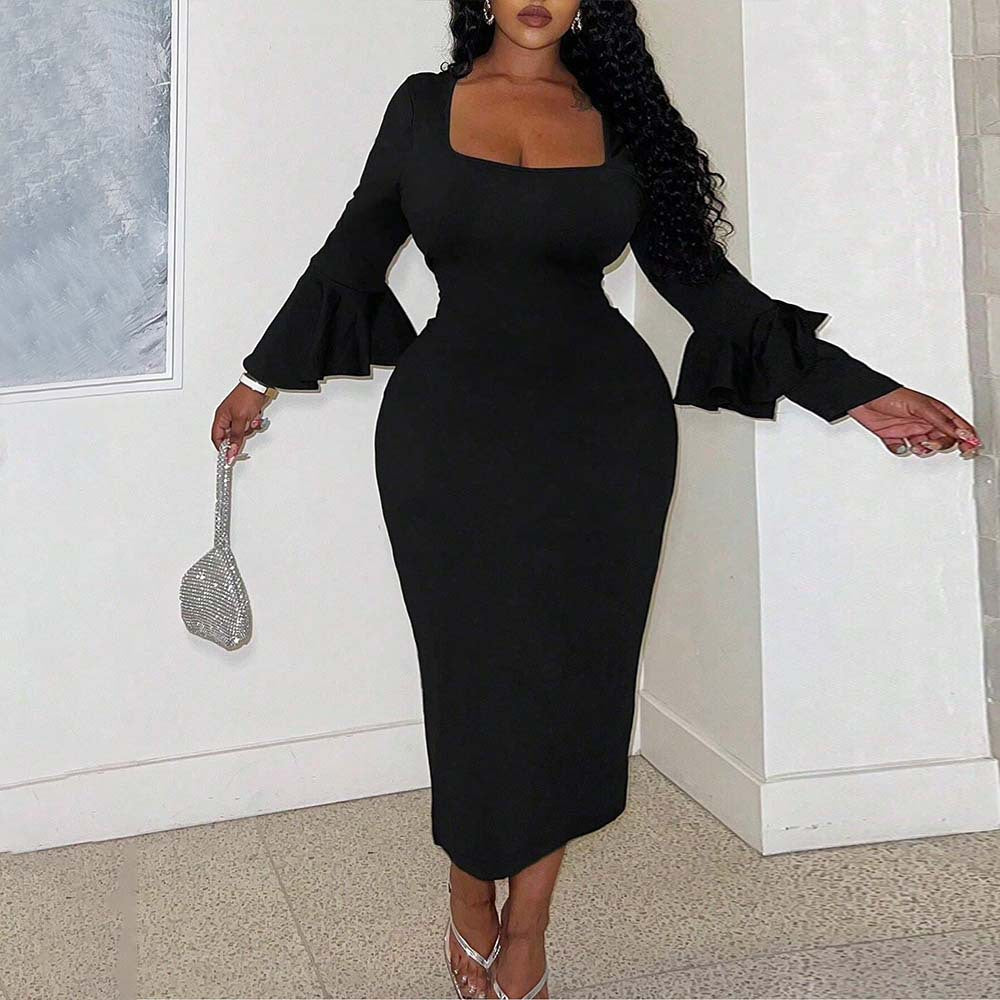 Plus Size Women Sexy Elegant Dress Autumn Winter Square Collar Ruffle Sleeve Slim Midi Dress