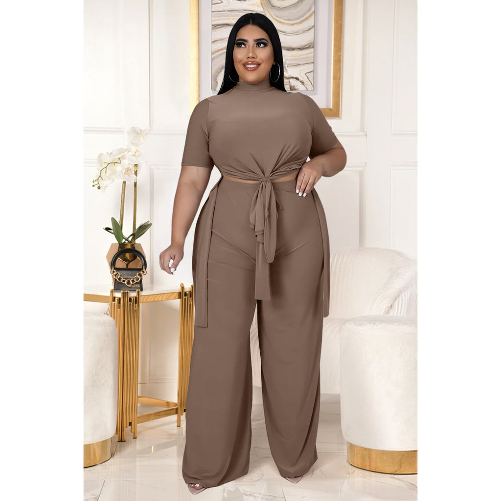 Plus Size Sexy Nightclub Uniforms Casual Lace-up Wide-Leg Pants Two-Piece Set Women Clothing
