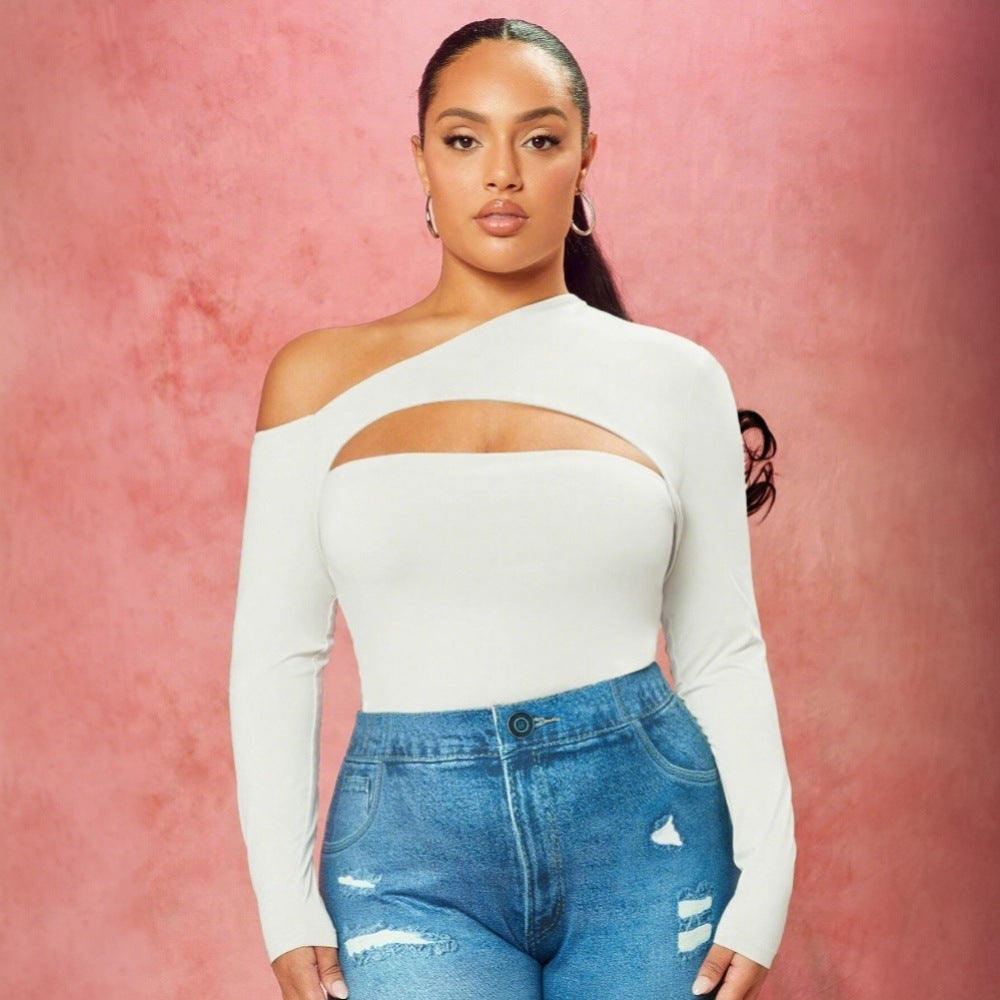 Plus Size Women Elegant Intellectual T shirt Autumn Winter Diagonal Collar Slim Top