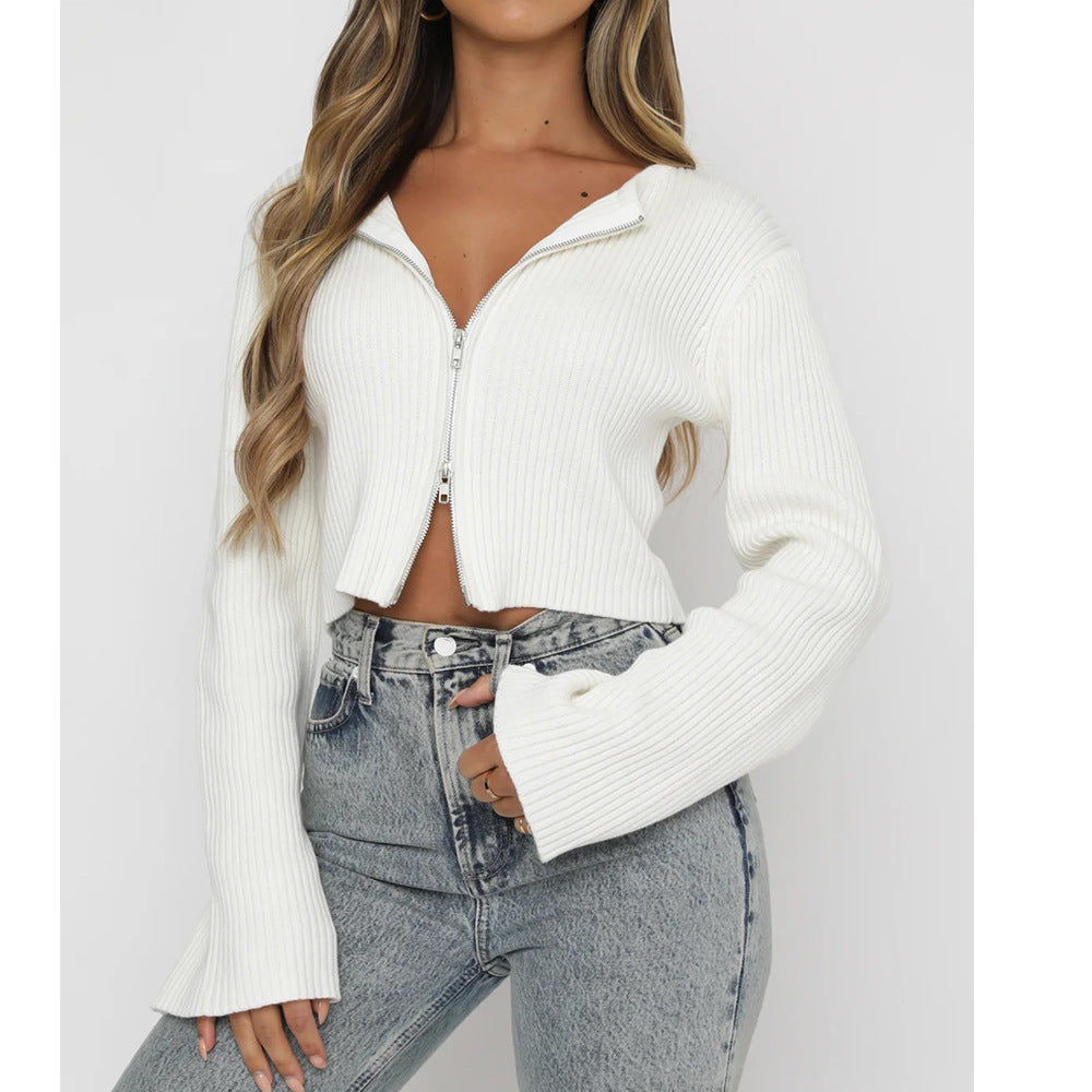 Autumn Winter Women Clothing Women Sexy Solid Color Long Sleeve Zipper Cardigan Sweater