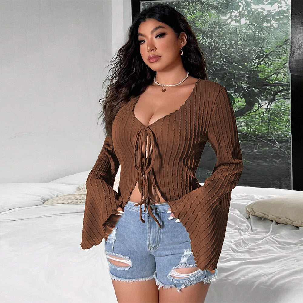 Plus Size Women Sexy Sweet Spicy V neck T shirt Autumn Winter Bell Sleeve Slim Fit Tied Cardigan Top