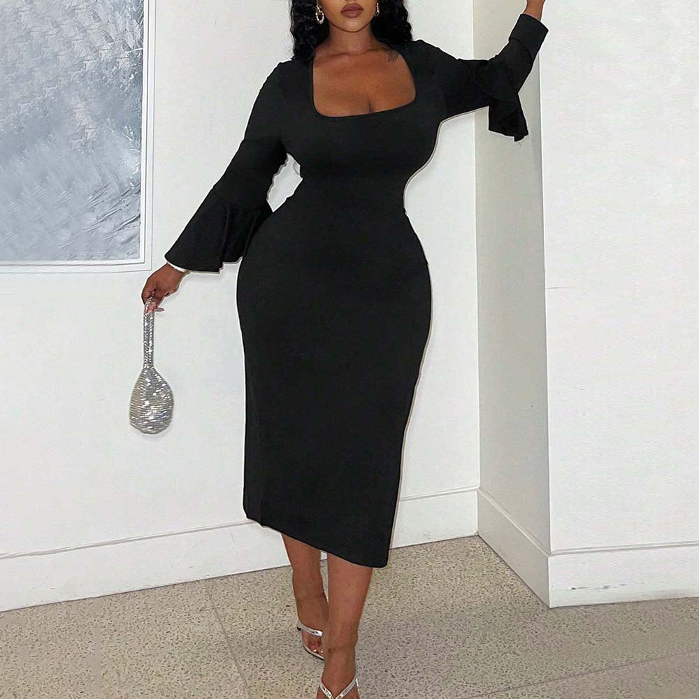 Plus Size Women Sexy Elegant Dress Autumn Winter Square Collar Ruffle Sleeve Slim Midi Dress