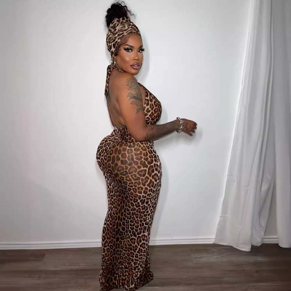 Printed Lace Up Halter Waist Elastic Ruffle Hip Leopard Print Dress