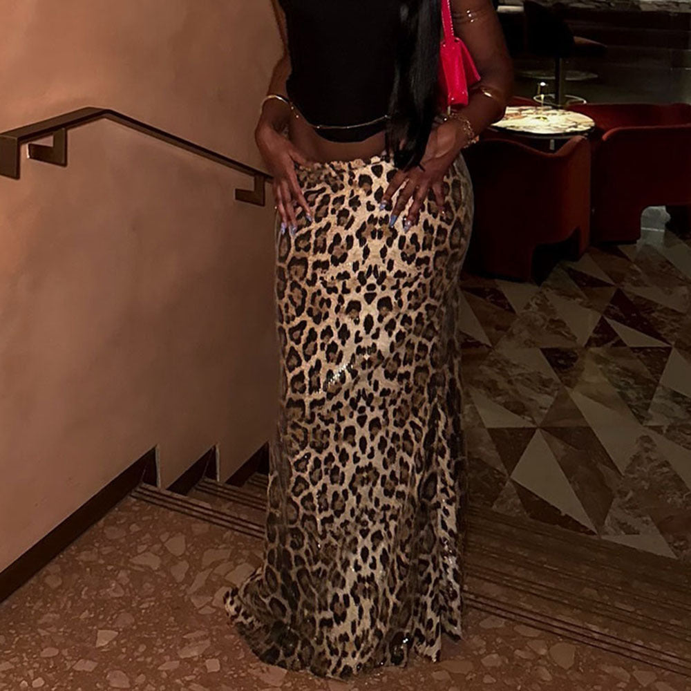 Leopard Print Sequin Stitching Double Layer Cover Stretch Skirt Women Skirt