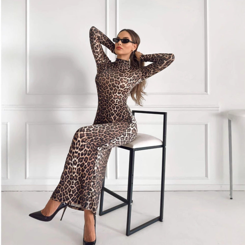 Autumn Leopard Print Stand Collar Long Sleeve Maxi Dress Women