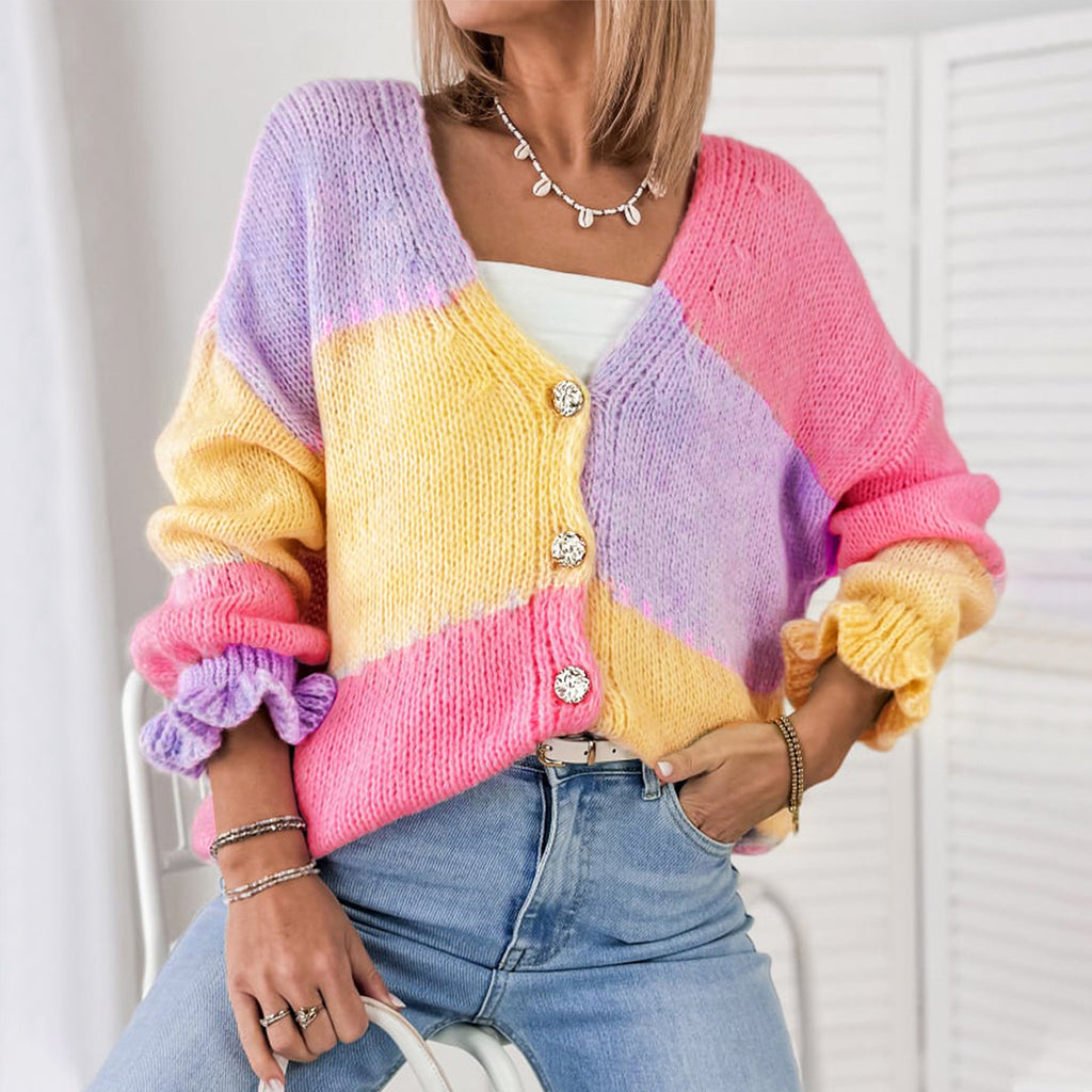 Women Autumn Winter Sweater Color Block Stitching Casual Loose Ruffled Long Sleeve Knitted Cardigan